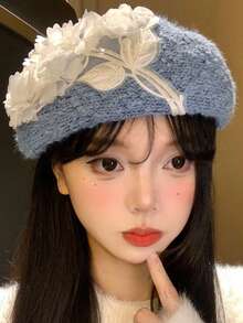 1件极简主义花卉针织贝雷帽，适合春秋季节，韩式风格，修饰脸型，显瘦，百搭，艺术画家帽。
