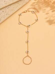 1 Stück luxuriöser, eleganter Edelstahl Blumenketten-Fingerring, Modeschmuck für Frauen, geeignet für den täglichen Gebrauch, Dekoration, Partys, Dates und Fotoshootings. Die Edelstahlkette ist auf Länge geschnitten und die Anzahl der Blumenperlen ist zufällig. - Gold - Übersicht 2