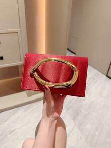 1个时尚金属装饰迷你盒形手拿包，优雅闪亮金属条点缀女士手提包，奢华质感，适合晚礼服、派对、婚礼、舞会等场合，含金属链 - 酒紅色 - 查看 8