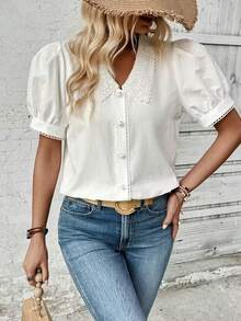 Solid Color Front Button Lace Patchwork Embroidery Contrast Color Short Puff Sleeve Blouse White Summer - White - View 3