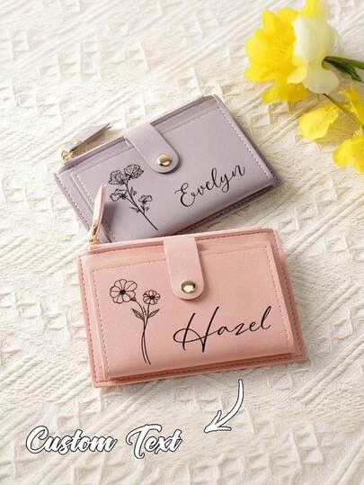 1pc Personalized Pu Material Short Wallet Custom Birthday Floral Wallet With Name,For Students Unisex With Simple Button & Zipper Closure Design, Can Accommodate Cash, Coins, Bank Cards Etc.