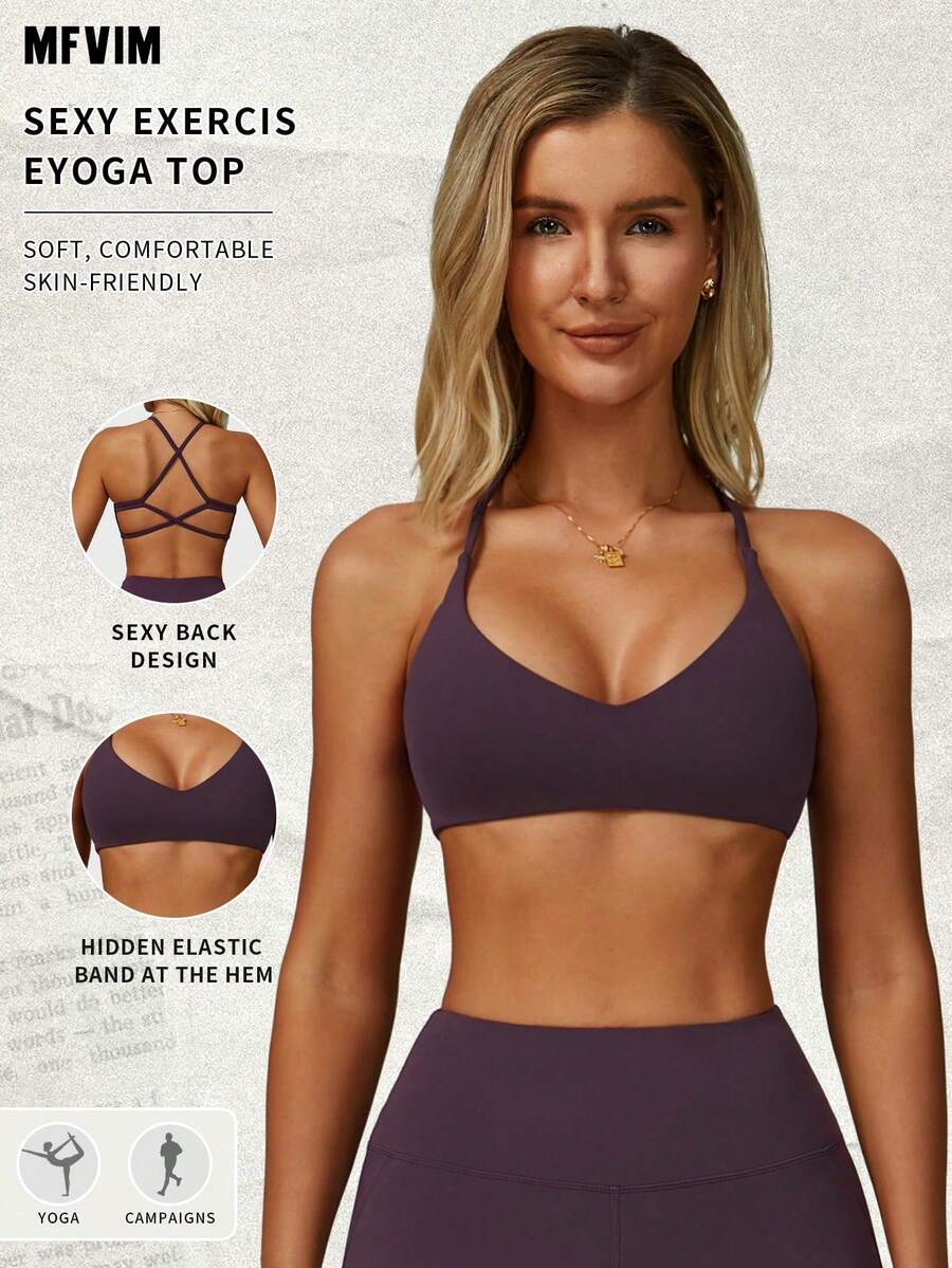 MFVIM 女士紫色运动文胸，交叉露背设计，性感无钢圈运动文胸，透气柔软弹力面料，适合通勤、户外、跑步、骑行、瑜伽、普拉提、健身房锻炼。