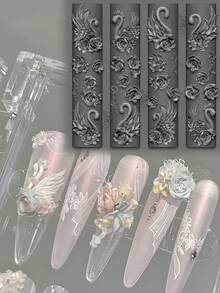 1个优雅天鹅玫瑰美甲模具，DIY美甲装饰模具，3D美甲硅胶模具模板，情人节送给女朋友的礼物 - 彩色 - 查看 1