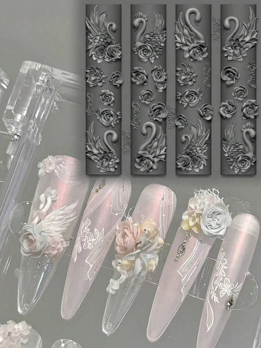 1个优雅天鹅玫瑰美甲模具,DIY美甲装饰模具,3D美甲硅胶模具模板,情人节送给女朋友的礼物 - 彩色 - 查看 1
