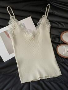 Lace Camisole Women's Undershirt, V-Neck Knit Vest With Lace Patchwork, Suitable For Winter, Christmas, Spring New Year Outfits - Apricot - View 4