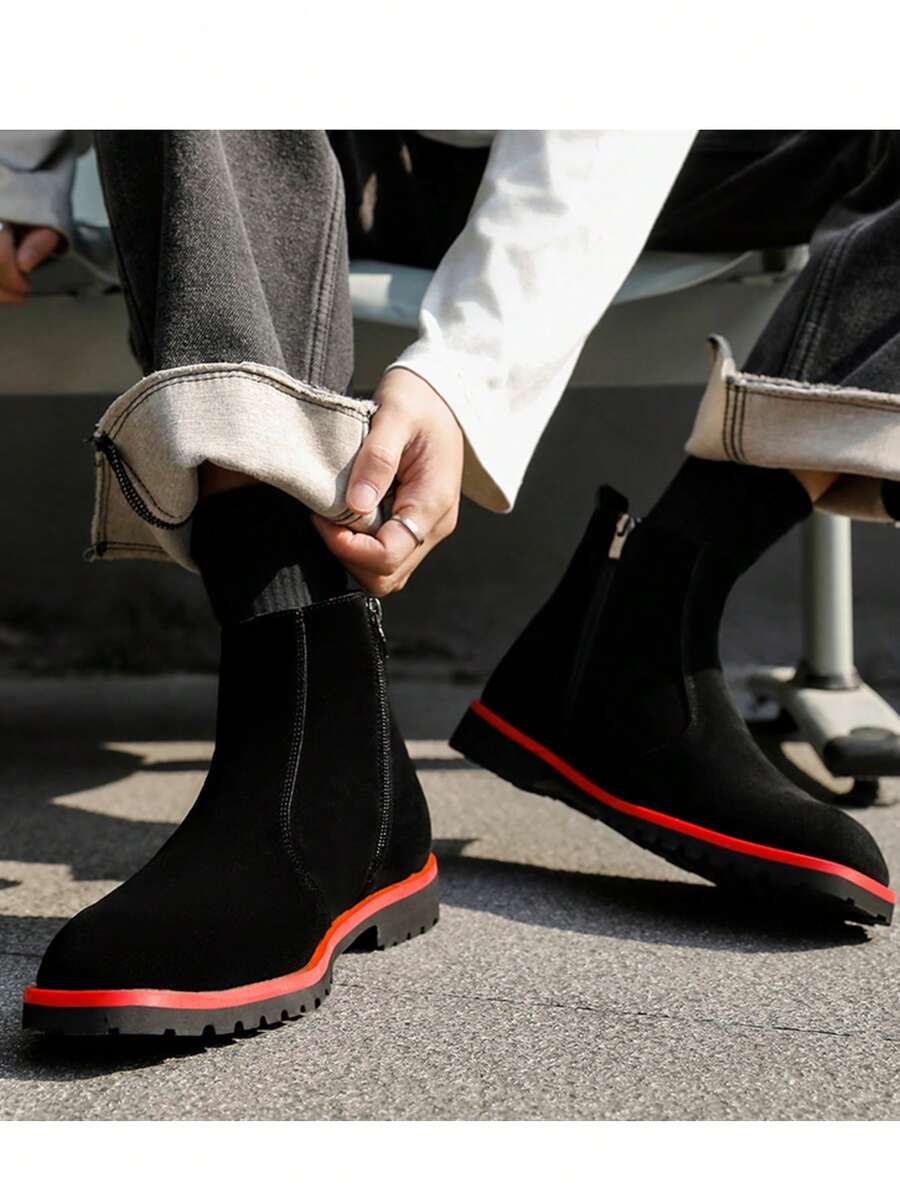 Men's High-Top Leather Pigskin Chelsea Boots, Suede Minimalist Motorcycle Boots, Black - Black - View 1