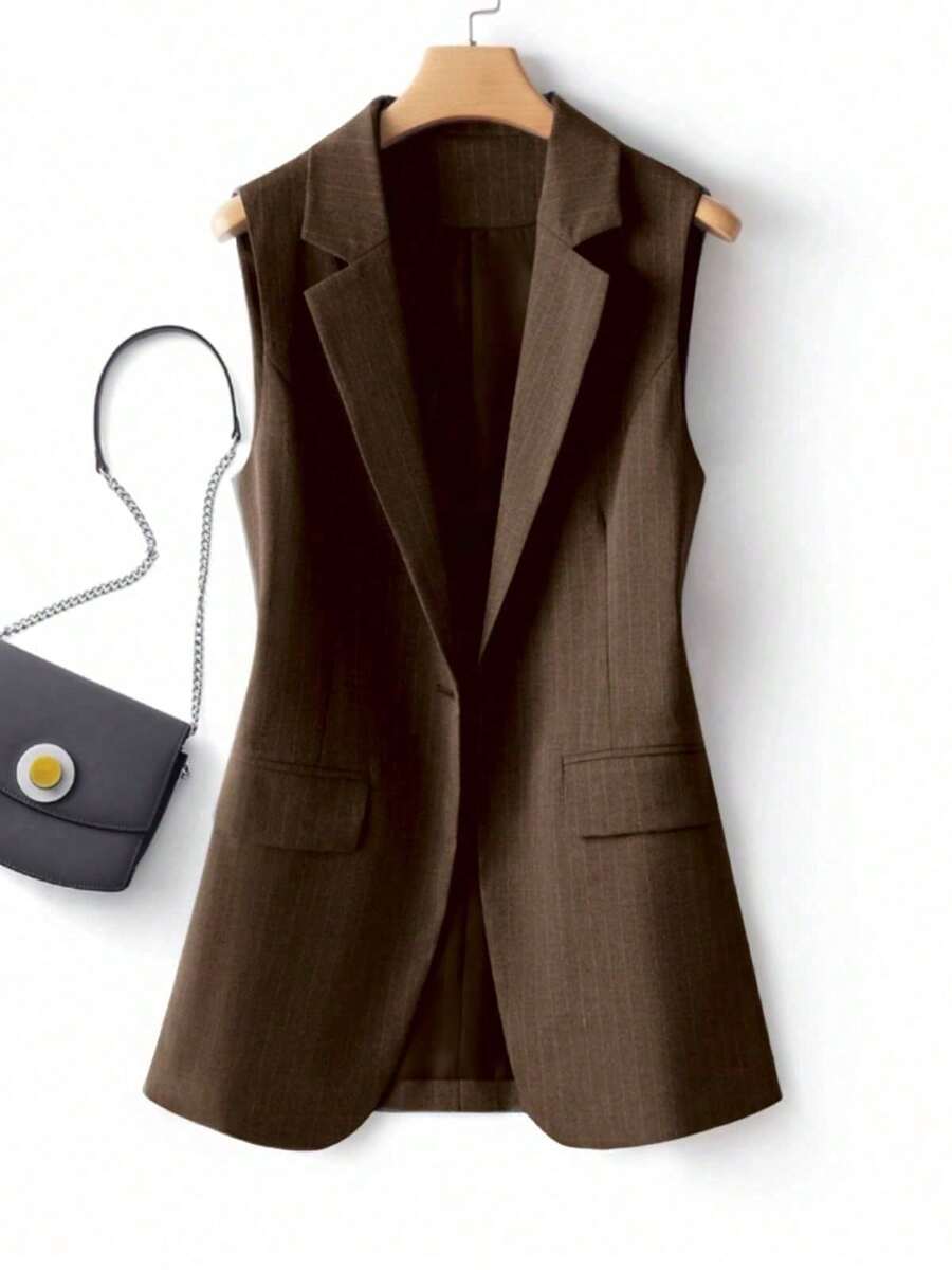 女士条纹拼接单扣常规款西装背心，纯色口袋纽扣，适合春季办公室穿着 - 咖啡棕 - 查看 1
