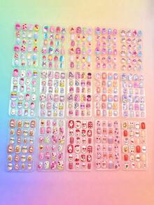 120pcs Square Cartoon Pattern Soft Gel Nail Stickers, Minimalist Style, Suitable For Girls And Kids, Super Cute DIY Fake Nails - Multicolor - View 10
