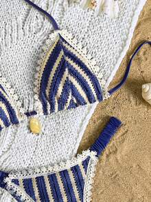 Bikinx 2025 Back To School Women's Bohemian Lace Striped Textured Fabric Swimsuit, Vacation Triangle Cup Bikini With Ruffle Bottoms - Multicolor - View 4