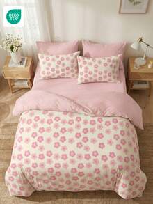 2/3件套100%纯棉床上用品套装，柔软透气，四季皆宜，粉色花卉图案，包含1个被套和1/2个枕套，不含被芯，适用于双人/单人/加大/特大号床，可机洗，多种颜色可选，通过OEKO-TEX认证 - 彩色 - 查看 7