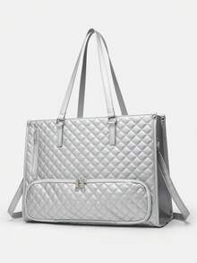 1个女士时尚大容量手提包，经典多色保温包，可装笔记本电脑，可作妈妈包、工作手提包、日常健身午餐包、野餐包、防水保温斜挎包，大号 - 銀色 - 查看 3