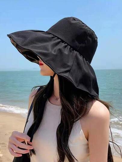 1顶新款韩版女士可折叠大檐遮阳帽，夏季款，黑色乙烯基材质，防紫外线，渔夫帽