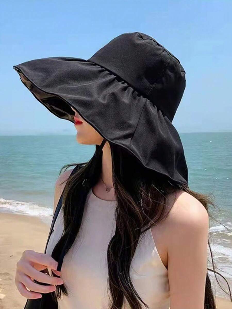 1顶新款韩版女士可折叠大檐遮阳帽，夏季款，黑色乙烯基材质，防紫外线，渔夫帽