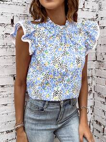 Women's Summer Pink & Multi-Color Abstract Print High Neck Ruffle Sleeve Blouse - Blue - View 5