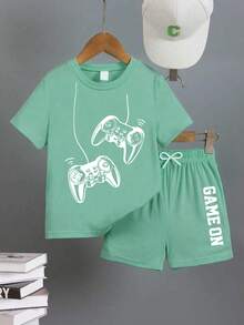 Toddler Letter Print Short Sleeve T-Shirt And Shorts Set - Mint Green - View 1