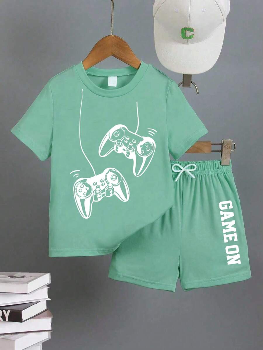 Toddler Letter Print Short Sleeve T-Shirt And Shorts Set - Mint Green - View 1