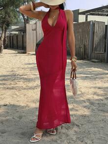 Unadoll Women's Sexy V-Neck Tie Front And Back Slit Polka Dot Fabric Elegant Dress, Suitable For Dates, Vacations, Outings, Valentine's Day, Dinners, Birthday Parties And Other Occasions - Red - View 6