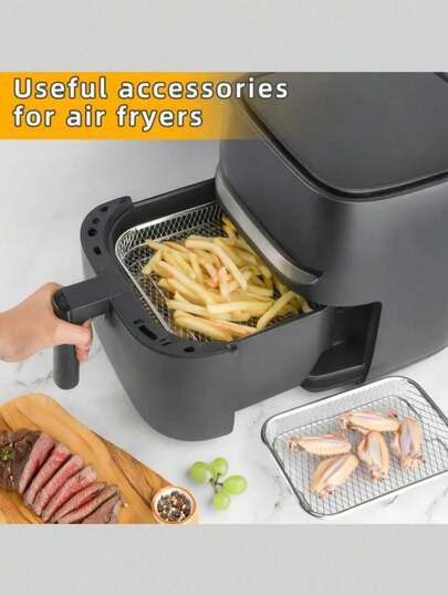 Universal Stainless Steel Air Fryer Accessories - Air Fryer Rack, Stackable Dehydrator Tray With Heat-Resistant Tongs And Brush, Stainless Steel Air Fryer Basket Rack, Fit For All Air Fryers And Ovens