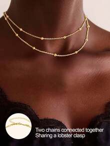 1pc Stainless Steel Double Layer Bead Chain Necklace, Fashion Minimalist Layered Beaded Necklace, Lightweight Luxury Unique Necklace Accessory Suitable For Girls And Women (Random Bead Quantity) - Gold - View 2