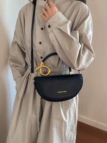 Women's Retro Fashion Simple Casual Flap Closure Structured Box Bag With Metal Hardware Design, Handheld Or Shoulder Strap, Suitable For Outing And Commuting - Black - View 3