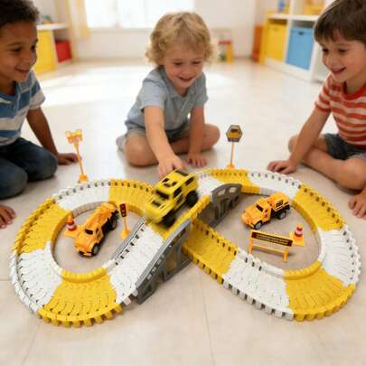 140 piezas Juego de pista de carreras de coches, Juego de pista de coches flexible STEM, Juego de pista DIY, Juego de vehículos de ingeniería y pista de carreras, Coches de carreras de inercia, Juguetes de regalo de construcción de carreteras de ingeniería para niños y niñas de 3-4-5-6 años, Adecuado para Navidad, Halloween, Pascua, cumpleaños, juguetes Montessori (se requieren 1.5V pilas AA, no incluidas)