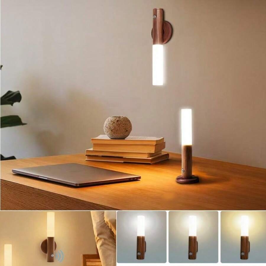 This 1-In-1 LED Motion Sensor Light (Wood Grain Finish) Is A Multi-Functional Night Light/Cabinet Light/Flashlight/Wardrobe Light/Bedside Lamp. It Is Also A USB Rechargeable Ambient Light And Magnetic Wall Light.