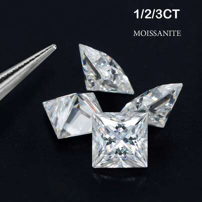 D色公主切割莫桑石，1/2/3克拉，VVS1净度，适用于订婚戒指、承诺戒指、耳环和项链。