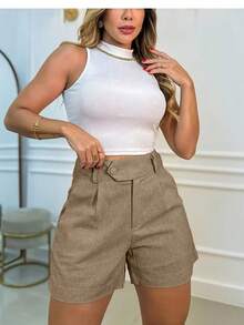 Solid Color Pocket Zipper Button Casual Versatile Shorts, Suitable For Daily Wear Summer - Khaki - View 2