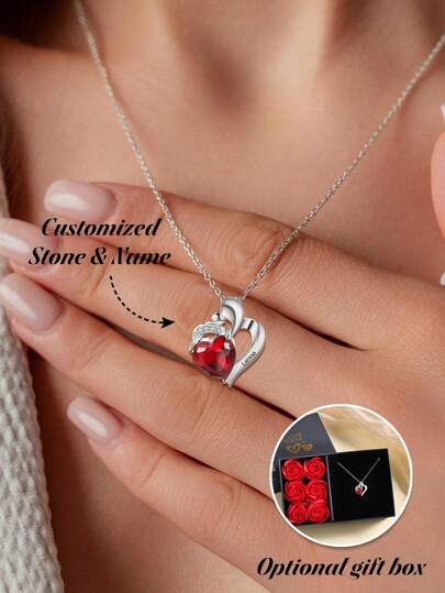1pc Personalized Heart-Shaped Fashion Birthstone Necklace, Customizable Name, Simple And Exquisite Daily Style, Optional Exquisite Gift Box, Valentine's Day Gift, Birthday Gift, Mother's Day Gift, Daily Gift, Casual, Customized, Personalized, Unique, Is The Ideal Gift For Her Girlfriends, Mothers, Family, Friends, Anniversaries, Birthdays, Graduation Ceremonies, Dances, Parties, Jewelry Women