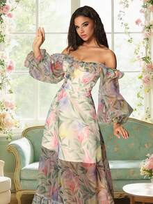 VIPGIRL New Arrival Blue Lantern Sleeve Off-Shoulder Printed Elegant High-End Design Mesh Women's Evening Gown - Green - View 6
