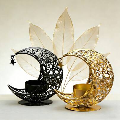 1pc Crescent Moon Metal Candle Holder - Elegant Black Gold Desktop Decor, Suitable For Dining Room, Home, Wedding, Birthday And Other Occasions - No Electricity Needed, Perfect For Ramadan And Eid Al-Fitr Celebration, Candle Holder Decor, Ramadan Decor, Eid Al-Fitr Decor, Middle Eastern Ramadan Decor