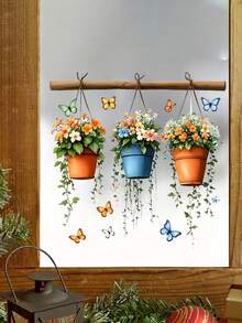 1 pieza Pegatina floral en maceta - Primavera, 3 Pinturas decorativas de flores en cubos, PVC, Autoadhesivo sin necesidad de pegamento, Adecuado para superficies de vidrio, decoración de sala de estar, dormitorio, baño, decoración del hogar - Multicolor - Ver 9