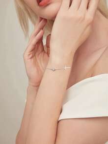 Adjustable S925 Silver Cross & Rhinestone Bracelet, Shiny French Luxury, Gift For Valentine's Day, Birthday, Mother's Day, Comes With Gift Box