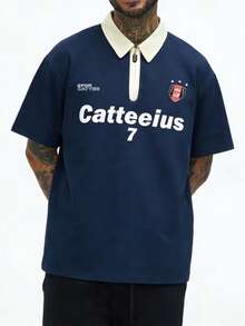 1件藏蓝色男士短袖T恤，男士Polo衫，撞色领半拉链T恤，字母印花，美式街头风，可机洗，适合夏季外出、通勤和休闲穿着 - 藏蓝色 - 查看 3