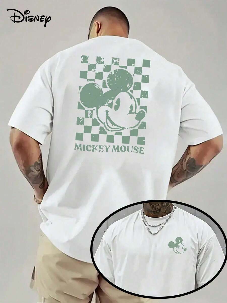 1 Genuine License, Disney Mickey Chessboard Design, Disney Cartoon Short Sleeves, Men's Casual Wear, Light And Thin Materials, Soft Touch, Fashion Theme, Young Fashion Lovers, Casual Wear, Cartoon Printed T-Shirts. - 白色 - 查看 1