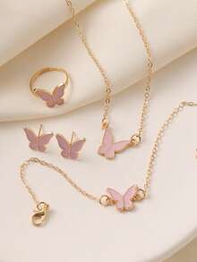 5pcs Elegant Butterfly Pendant Earrings Bracelet Ring And Necklace Set, Best Gift For Girls For Daily Wear, Parties And Events - Pink - View 1