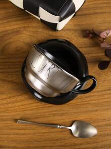 1pc Creative English Letter Coffee Cup & Saucer Set, Ceramic Material, Suitable For Home, Restaurant, Club, Party Use - Multicolor - View 2