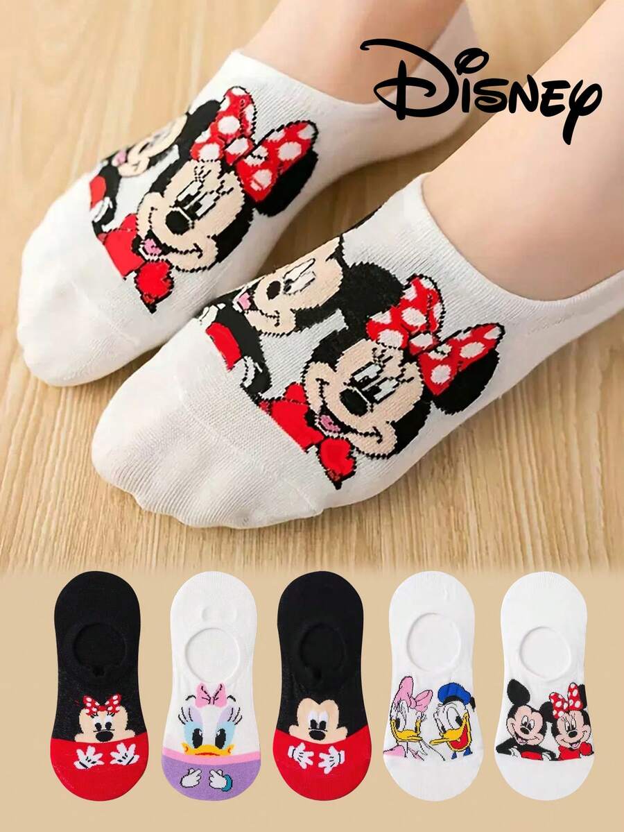 Disney 5双装迪士尼男女通用短袜，米奇、米妮、唐老鸭、黛丝卡通图案，新颖透气时尚袜，夏季礼物 - 彩色 - 查看 1