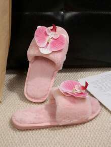 Women's Floral Decor Soft Plush Slip-On Slippers - Pink - View 3