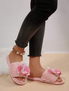 Women's Floral Decor Soft Plush Slip-On Slippers - Pink - View 7