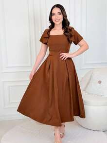 Women's Midi Dress With Bow On The Shoulder (Christian Style) - 棕色的 - 查看 4