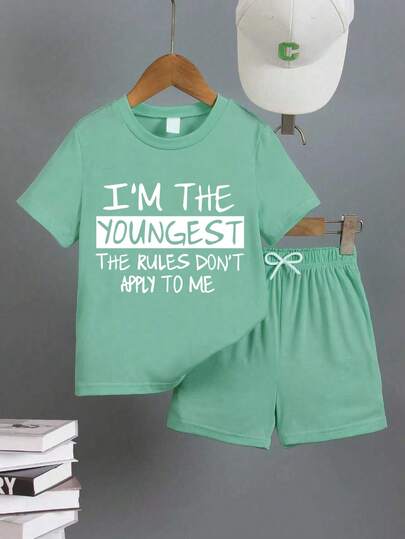 Young Boy Letter Print Short Sleeve T-Shirt And Shorts