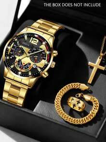 4pcs/Set Minimalist Business Men's Quartz Watch Set, Men's Gold-Tone Accessory Set (Includes Gold-Tone Alloy Dial Watch With Black Chronograph Dial, Cross Necklace, Chain Bracelet, And Cross Gold Ring). Featuring An All-Gold Tone With Black Chronograph Dial - Gold - View 1