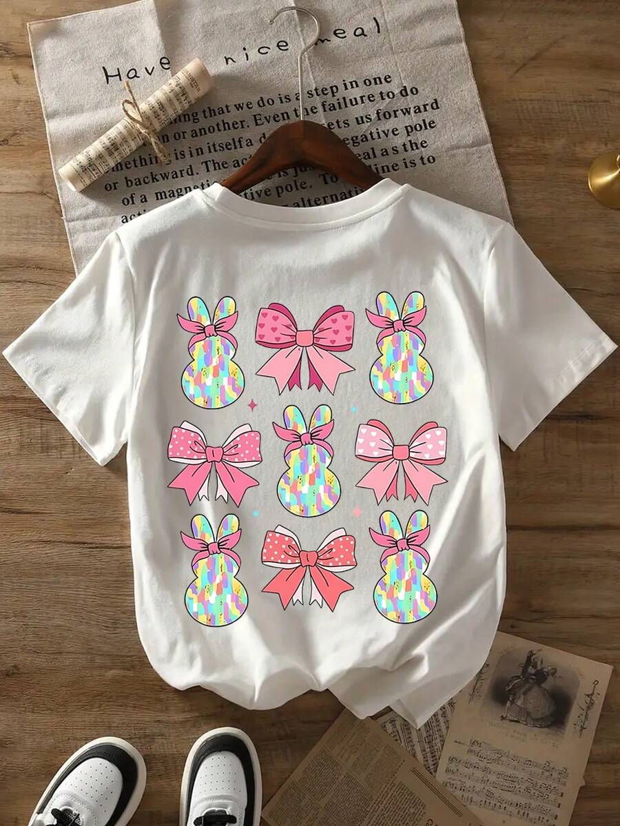 复活节快乐！卡通兔子蝴蝶结印花圆领T恤，柔软休闲，适合春夏穿着。 - 白色 - 查看 1