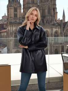 Giolshon Women Faux Leather Jacket Long Sleeve Blazer Shirt-Style Button Down Coat Black - Black - View 1