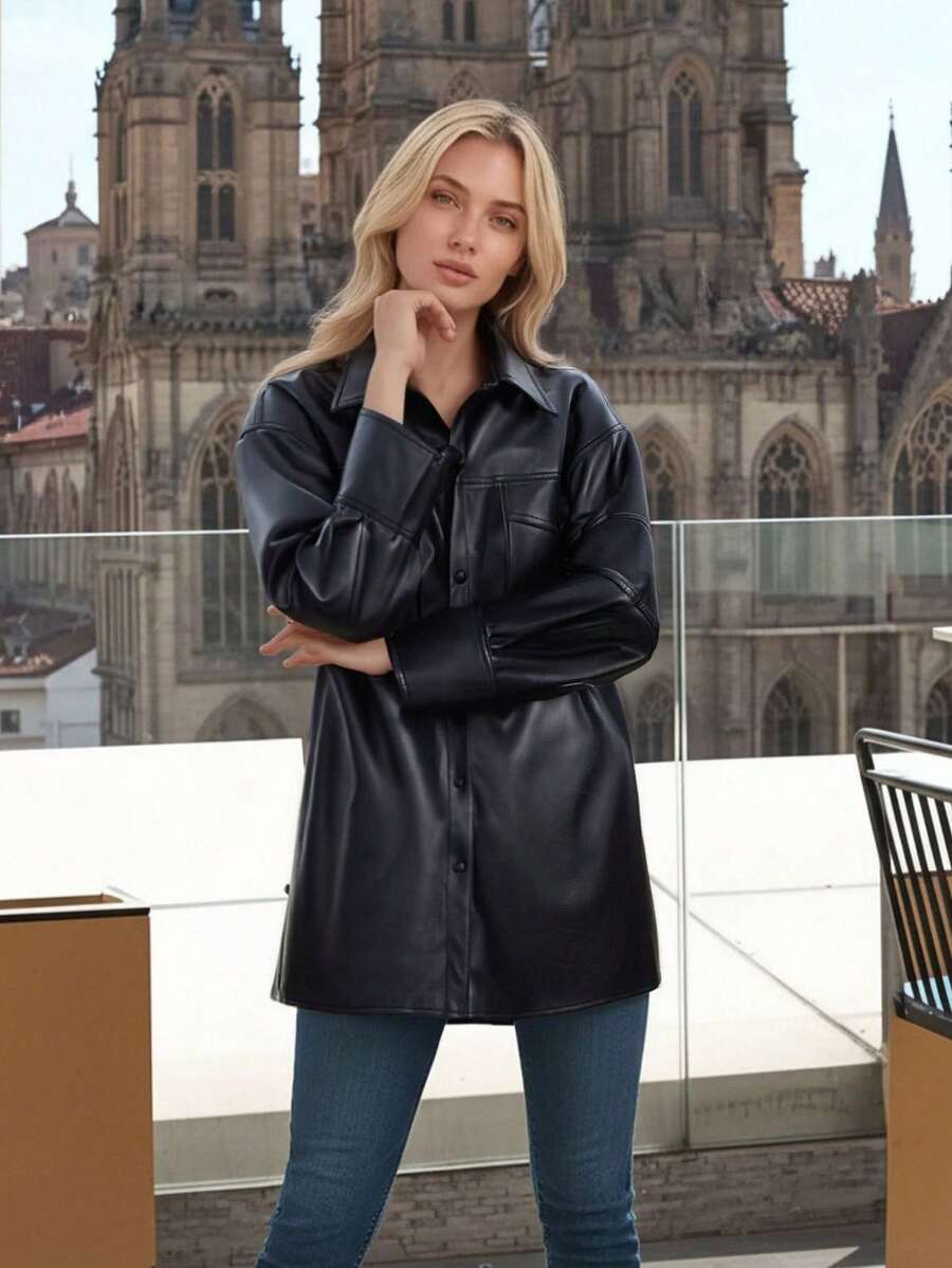 Giolshon Women Faux Leather Jacket Long Sleeve Blazer Shirt-Style Button Down Coat Black - Black - View 1