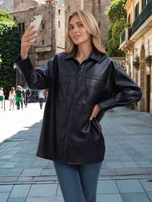 Giolshon Women Faux Leather Jacket Long Sleeve Blazer Shirt-Style Button Down Coat Black - Black - View 4