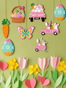 12/24pcs Easter Tree Decoration Set, Happy Easter Wooden Hanging Ornaments With Eggs And Rabbits, Gnomes And Chicks Wooden Pendants With Strings, Home Spring Party Decor Gifts (Rabbit Theme) - Multicolor - View 6
