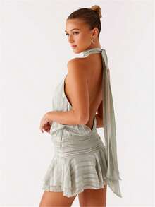 Women's Pleated Waist Sheer Mesh Ruffle Mini Dress Summer Casual Halter Neck High Neck Bodycon Short Dress Self-Tie Backless Sundress Party Clubwear - 薄荷綠 - 查看 5