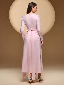 Women's Solid Color Round Neck Asymmetrical Rhinestone Swaying Flower Elegant Long Sleeve Maxi Dress With Belt, Asymmetrical Front Flounce, Suitable For Multiple Occasions Wedding Party - Baby Pink - View 9